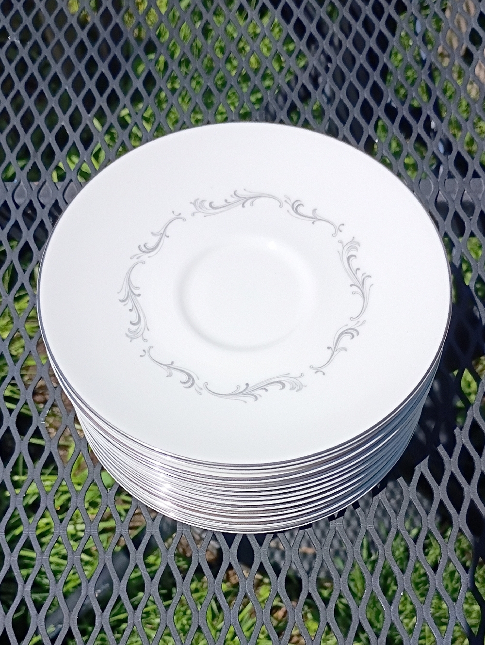 Set Of 12 Royal Doulton Saucers with Silver Scroll Accent